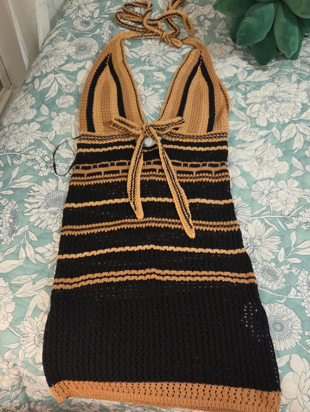 FOREVER 21 Striped Knit Halter Mini Dress in Tan and Black